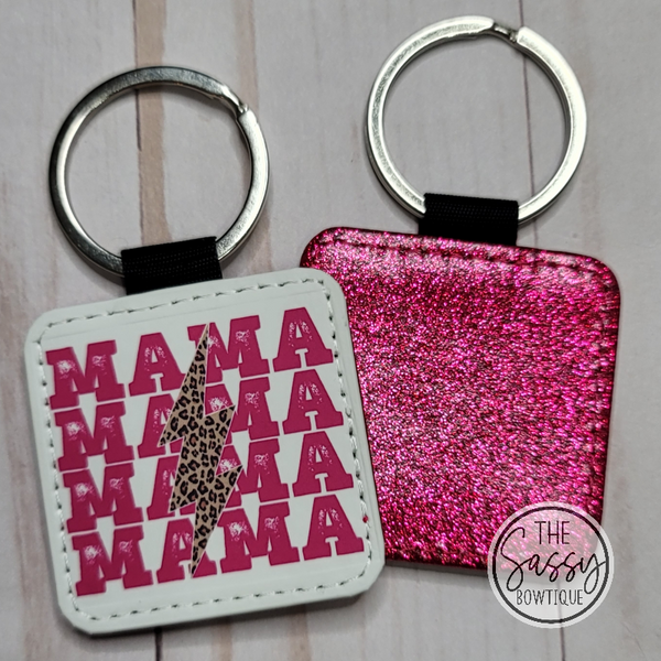 Leopard Bolt Mama Pink Glitter Keychain
