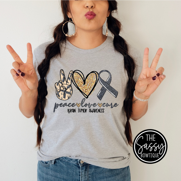 Peace Love Cure Brain Tumor Awareness Tee Black Print